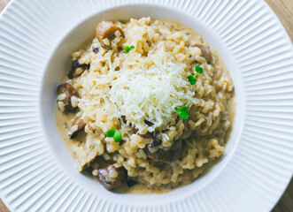Delicious mushrooms risotto (boletus edulis) and cheese from Zamora, Spain