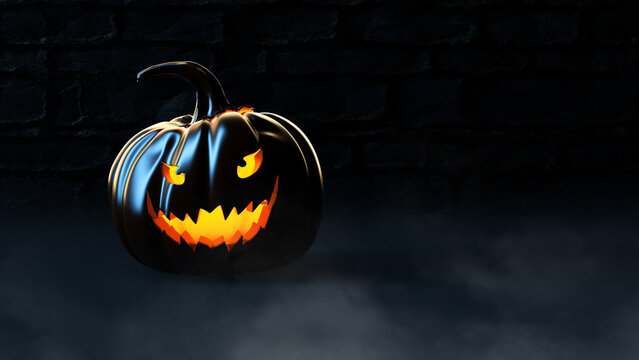 Black grinning Halloween pumpkin on dark background with copy space. 8K widescreen 3D illustration render.

