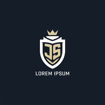 Initial letter JS shield and crown logo style, esport team logo design inspiration