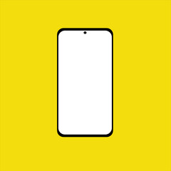 Modern black smartphone with round front camera and white empty screen on yellow background. Vector illustration. Minimal concept