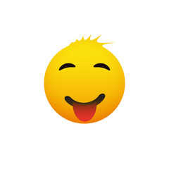 Smiling Emoji with Blowsy Hair and Stuck Out Tongue - Simple Shiny Happy Emoticon on Transparent Background