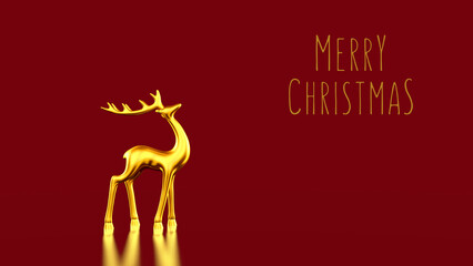 Fototapeta premium Merry Christmas gold deer sculpture with message and copy space on shiny red 8k widescreen background. 8k 3D illustration render. 