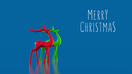 Merry Christmas red and green deer sculpture with message and copy space on shiny blue 8k widescreen background. 8k 3D illustration render.
