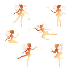 Set of gold fairy silhouettes. Illustrations of ballet dancing fairies in the cartoon style isolated on a white background. Vector 10 EPS.