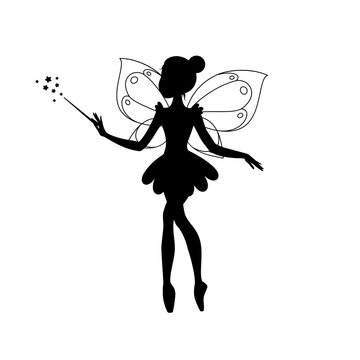Winged fairy silhouette. Illustration of a ballet dancing fairy in the cartoon style isolated on a white background. Vector 10 EPS.