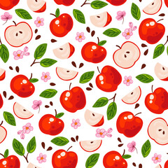 Seamless pattern with red apples, leafs and .flowers on the white background. Vector illustration. Hand drawn background.