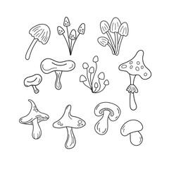 Set of cute mushrooms elements. Collection of doodle outline elements for coloring book, children design.