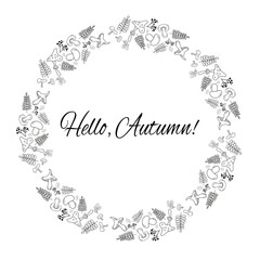 Set of doodle autumn elemetns on white. Cute vector frame for coloring book, greeting card, print.