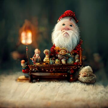 Christmas decor, Santa Claus in the interior with a tree, children toys