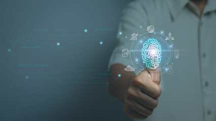 People use fingers to scan fingerprints on virtual screen. Technology biometric log in for various transactions. Concept of security in accessing personal information. to manage digital data online