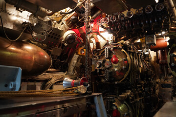 Inside military war submarine warship