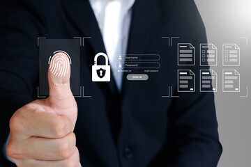 User scan fingerprint to encrypt Cyber network internet security, networking concept. Information...