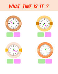 What time is it. Learning time on the clock. Educational activity worksheet for kids and toddlers. Preschool game. Puzzle with clock .   Education Game for Children.