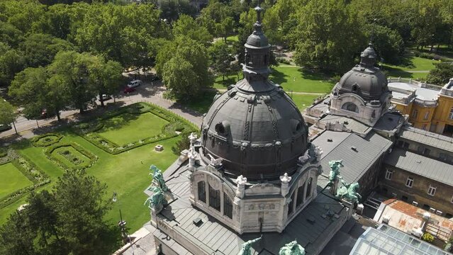 Aerial shot of the Széchenyi Medicinal Bath buildings in Budapest Hungary