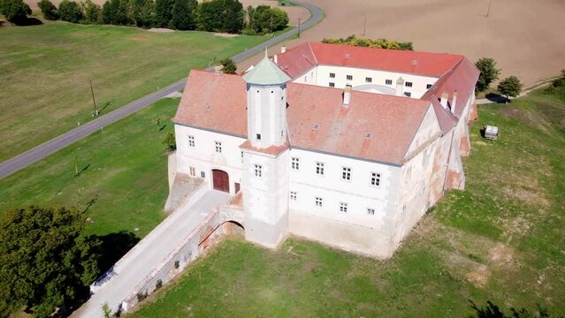 Aerial View Of Jedenspeigen Castle On A Sunny Summer Day In Austria - drone shot