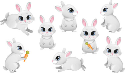 set of cute bunnies in cartoon style vector illustration. Easter bunny. Symbol of the new year 2023. Rabbit on transparent background. Animal wildlife character. Vector for print, card, invitations 