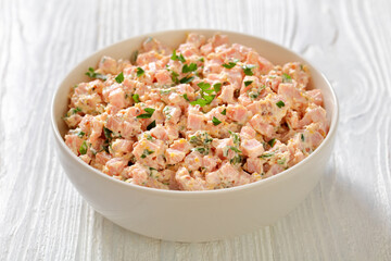 classic ham salad on white plate, top view