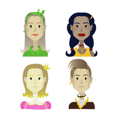 Set of beautiful icons with women. Different in character and appearance. Skin colors are different. In one style for use in any field.