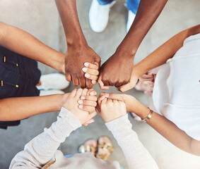 Holding hands, faith and prayer support group of people or friends with hope, religion and trust or...