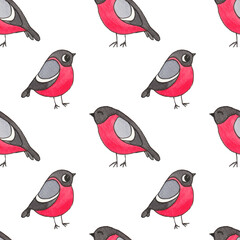 seamless bullfinch watercolor pattern on a white background, can be printed on fabric, postcards, textile bags or can be the background for your illustration