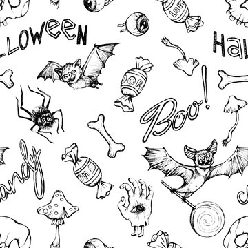 Seamless pattern from thematic isolated images on a white background for Halloween. Sketches of magical characters and things are drawn with ink.