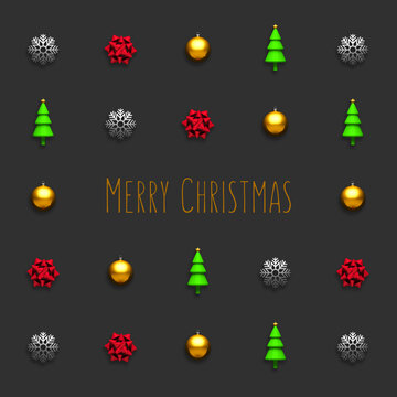 Trendy Christmas seamless pattern made with various winter and holiday objects on grey background with Merry Christmas message. Minimal Christmas concept.
