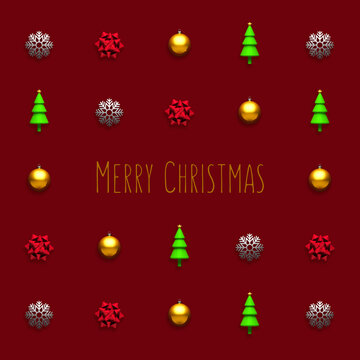 Trendy Christmas seamless pattern made with various winter and holiday objects on red background with Merry Christmas message. Minimal Christmas concept.

