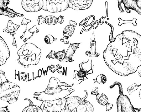 Seamless pattern from thematic isolated images on a white background for Halloween. Sketches of magical characters and things are drawn with ink.