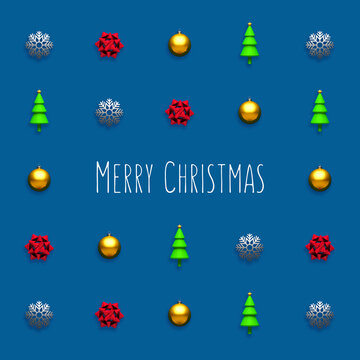 Trendy Christmas seamless pattern made with various winter and holiday objects on blue background with Merry Christmas message. Minimal Christmas concept.

