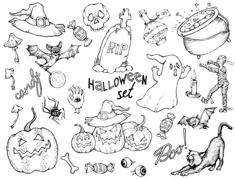 Set of thematic isolated images on a white background for Halloween. Pumpkins, a ghost, a cat, a grave and other sketches of magical characters and things are drawn in ink.