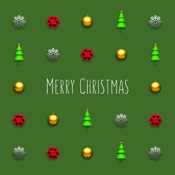Trendy Christmas seamless pattern made with various winter and holiday objects on green background with Merry Christmas message. Minimal Christmas concept.

