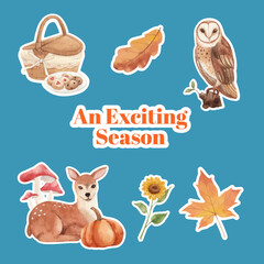 Sticker template with autumn outfit woodland life concept,watercolor style