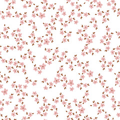 Simple vintage pattern. small pink flowers. brown leaves . white  background. Fashionable print for textiles and wallpaper.