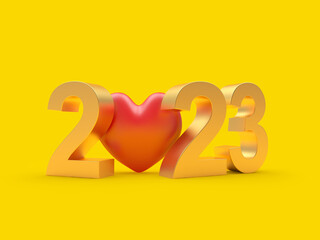 Red heart icon with golden number 2023 on yellow. 3d illustration