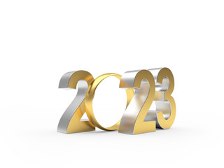 Number 2023 with gold wedding ring. 3D illustration