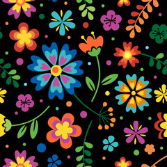 Floral seamless pattern. Vector illustration with small wild flowers. Millefleurs pattern for wrapping, fashion. Orange, red, green and turquoise colors on black background.