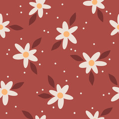 Simple vintage pattern. white flowers and dots. brown leaves . terracotta background. Fashionable print for textiles and wallpaper.