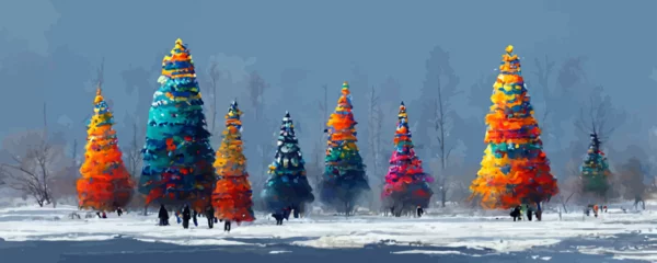 Poster colorful decorated christmas trees in winter landscape © Oleksii