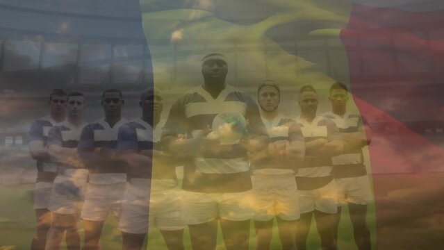 Animation of flag of belgium over diverse rugby players at stadium