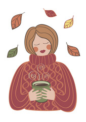 Autumn vector girl with cup of coffee or tea