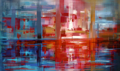 Modern scenery artwork, abstract paint strokes, vibrant oil painting on canvas. Hand painted red and dark blue color