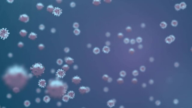 Animation of covid 19 cells flying on purple background