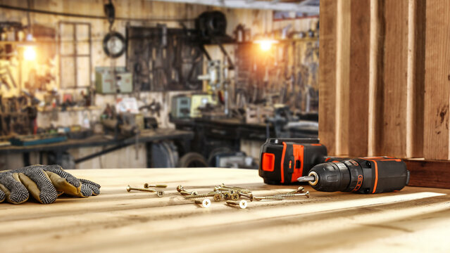 Desk of free space and drill on table 