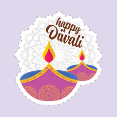 Sticker Style Happy Diwali Font With Lit Oil Lamp (Diya) And Mandala Pattern On Pastel Violet Background.