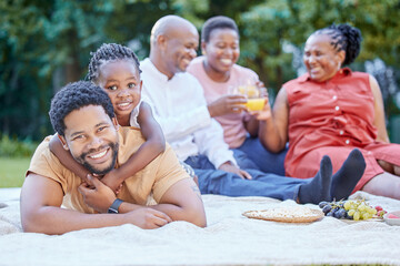 Black family, picnic and father bonding with girl in nature park and public garden. Portrait of...