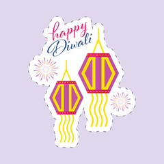 Sticker Style Happy Diwali Font With Traditional Lanterns (Kandeel) Hang And Fireworks On Pastel Violet Background.