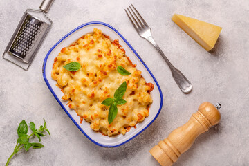 American mac and cheese, macaroni pasta in cheesy sauce