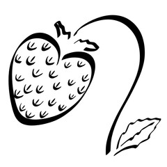 large strawberry in the shape of a heart on a curved leg with a leaf, black outline on a white background