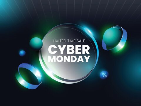 Cyber Monday Sale Poster Design With Shiny Gradient Round Shape On Teal Blue Rays Background.