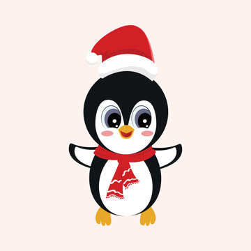 Cute Penguine as Santa on White Background.